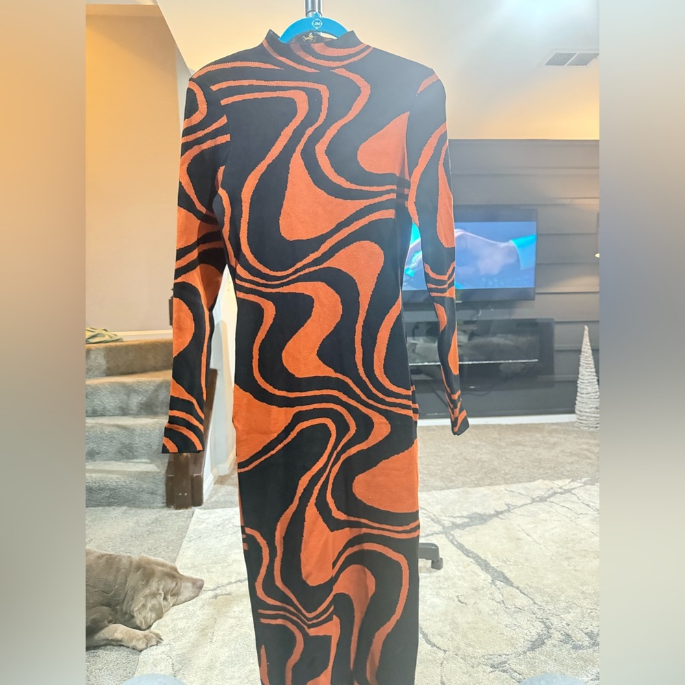 Fashion Nova Black and Orange Swirl Dress